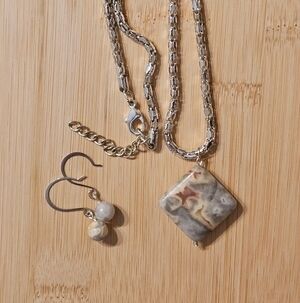 Silver and Stone Pendant Necklace and Earring Set